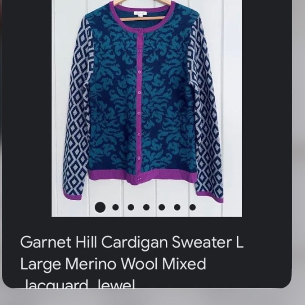 NWOT Garnet Hill Mixed Jacquard Cardigan Sweater, Merino Wool, Jewel, Size Small